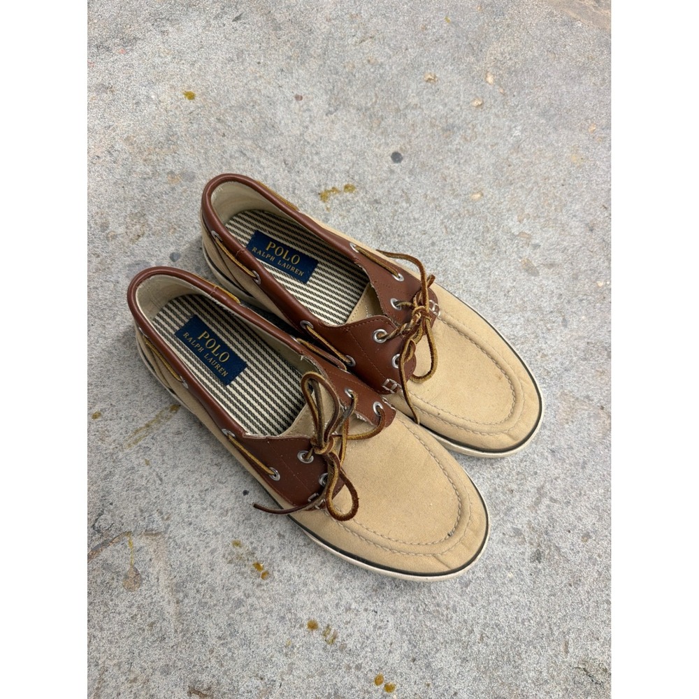 Polo‎ Ralph Lauren Rylander Boat Shoes Mens 9.5D Tan Canvas Brown Leather
